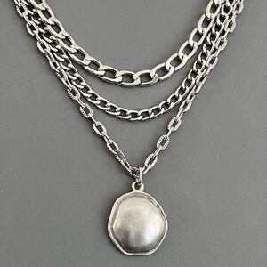 NEW, 3 pcs/set layered silver tone necklaces, ORGANIC disc shape, modern boho